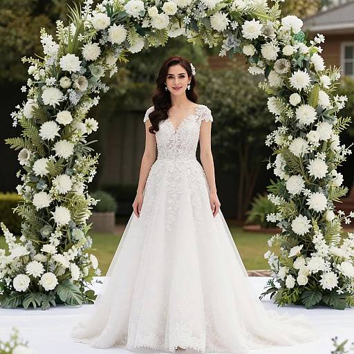 Bride in Lace Wedding Dress by Floral Arch