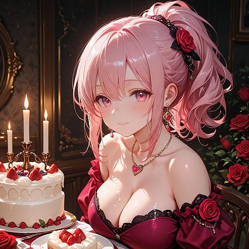 Anime Girl with Pink Hair and Red Roses Celebrating with Cake