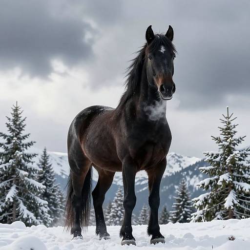 Photograph of a dark brown horse standing in a snowy forest, with snow-covered pine trees and a cloudy, overcast sky background.