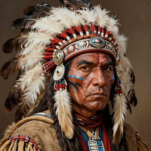 Photograph of a serious Native American man with tan skin, blue face paint, wearing a detailed feathered headdress, and traditional fur clothing.