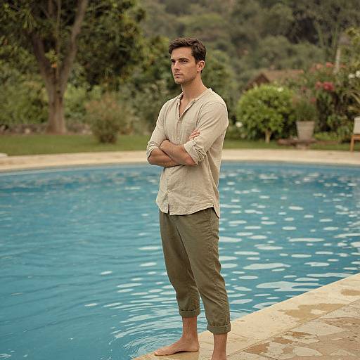 Photograph of a handsome, dark-haired man in a beige shirt and olive pants, standing barefoot by a blue pool, arms crossed, with a