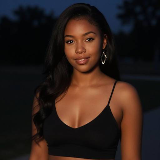 Photograph of a beautiful young Black woman with long, wavy black hair, wearing a black spaghetti-strap top and diamond earrings, standing against a