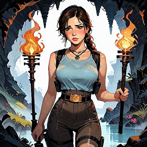 Digital comic-style drawing of a brave, dark-haired woman in a blue tank top and brown shorts, holding two flaming torches in a cave.
