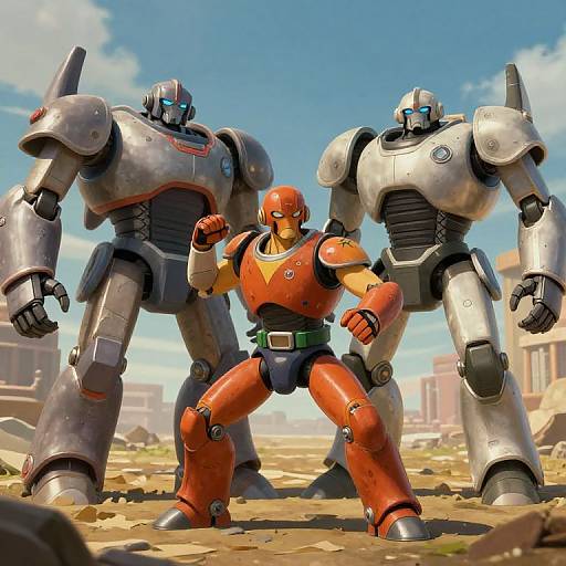 Three Battling Robots in Post-Apocalyptic Setting