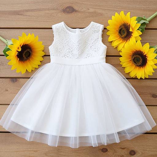 Photograph of a white lace sleeveless dress with a tulle skirt, surrounded by four bright yellow sunflowers on a wooden table.