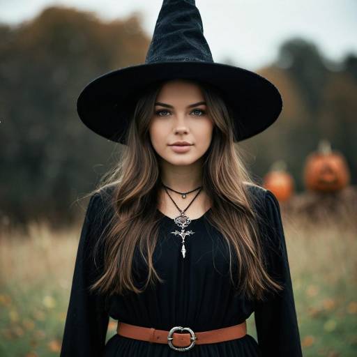 Young Woman in Witch Costume with Pumpkin Background