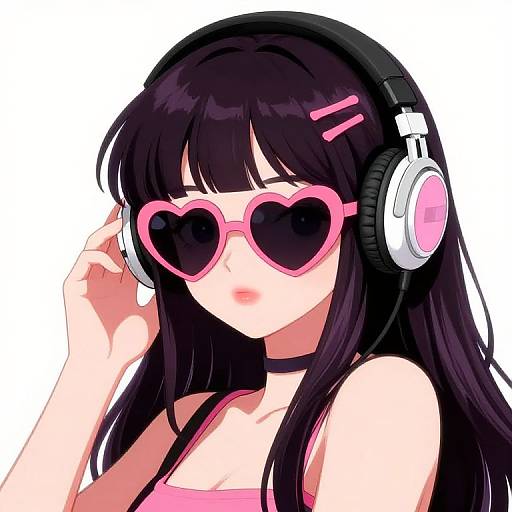 Anime-style digital drawing of a girl with long black hair, wearing pink heart-shaped sunglasses, large white and pink headphones, and a pink tank top,
