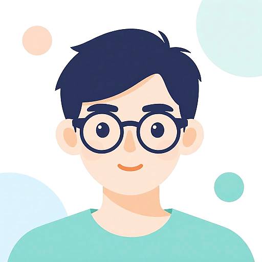 Digital illustration of a young man with black hair, round glasses, light skin, and a light blue shirt, smiling on a white and blue background with