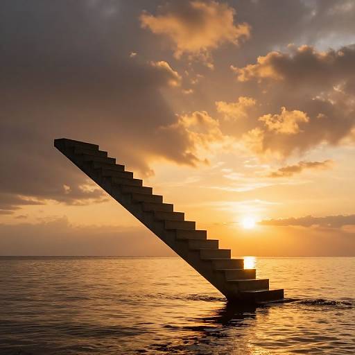 Photograph of a silhouetted, floating staircase against a dramatic sunset over a calm ocean, with vibrant orange and yellow clouds.