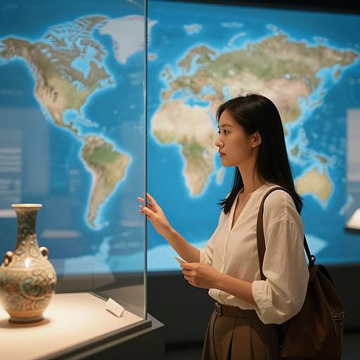 Photograph of an Asian woman with long black hair, wearing a white blouse and brown skirt, examining a ceramic vase in a museum, with a world