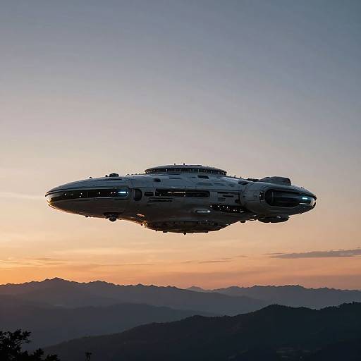 Photograph of a sleek, futuristic spaceship hovering above a mountainous landscape during a colorful sunset, with a gradient sky from orange to blue.
