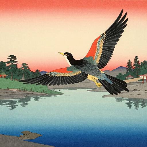 Colorful illustration of a bird with black, red, and yellow feathers soaring over a calm lake at sunset, surrounded by trees and mountains.