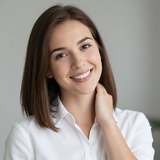 Photograph of a smiling young woman with straight, dark brown hair, fair skin, and brown eyes, wearing a white button-up shirt, gently touching
