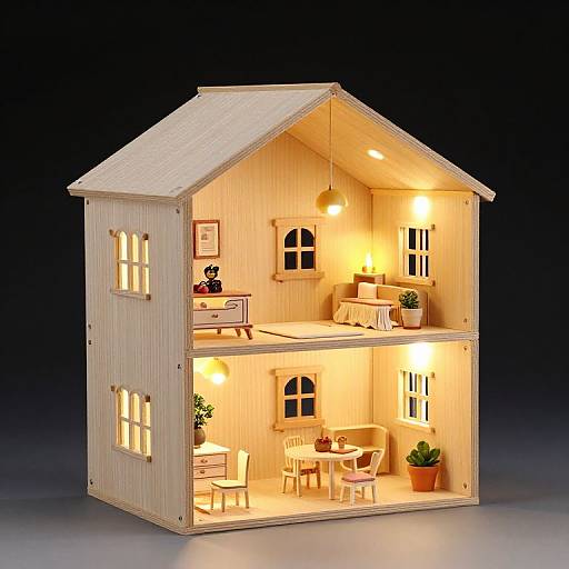 Photograph of a wooden, two-story dollhouse with glowing interior lights, featuring furnished bedrooms and a living area with potted plants.