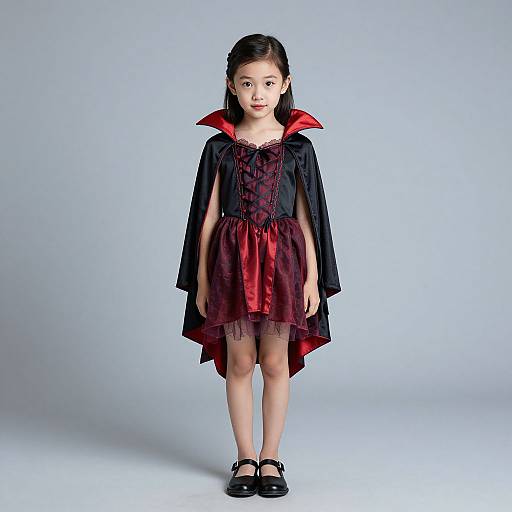 Photograph of an Asian girl wearing a black cape with red lining, red and black lace dress, and black shoes, standing against a plain light gray