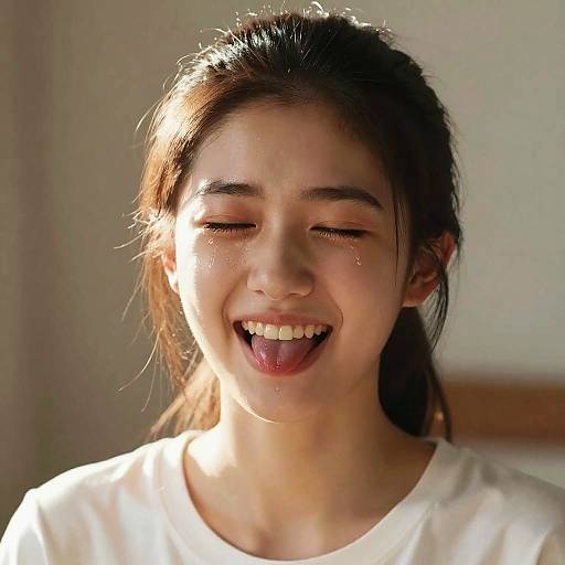 Photograph of a smiling teenage girl with closed eyes, tongue out, and tears on her cheeks, sunlight highlighting her face, wearing a white shirt,
