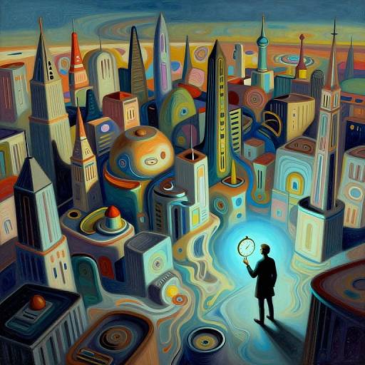 Surreal cityscape painting: Silhouetted figure holding glowing orb stands in blue-lit plaza, surrounded by colorful, abstract, futuristic buildings