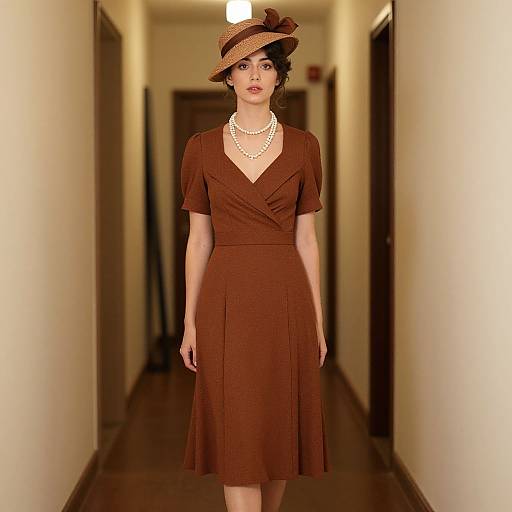 Photograph of a woman in a brown vintage dress and hat, pearl necklace, standing in a narrow, dimly-lit hallway.