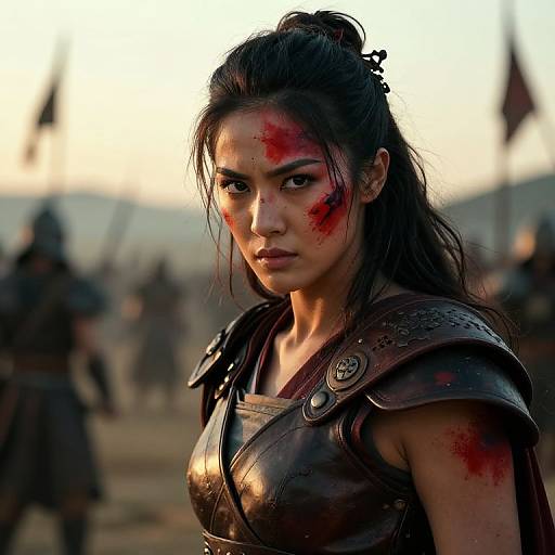 Photorealistic digital art of a fierce, blood-streaked, dark-haired woman in leather armor, standing among blurred, armed warriors in a battlefield