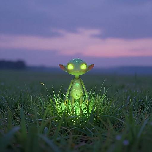 Photograph of a glowing, neon-green, elf-like creature with bright yellow eyes standing in tall grass at twilight, under a purple and blue sky.