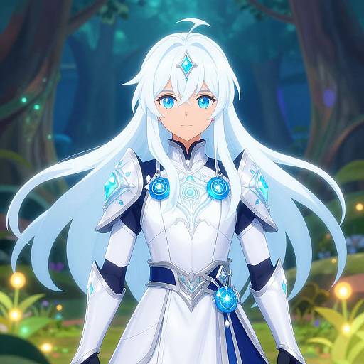 Digital anime-style drawing of a white-haired, blue-eyed female warrior with glowing blue accents, standing in a mystical forest. She wears intricate white armor with