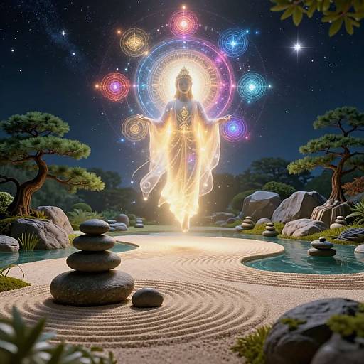 Digital artwork of a radiant, ethereal figure with glowing aura, surrounded by colorful, swirling orbs, standing over a zen garden with stone arrangements and a