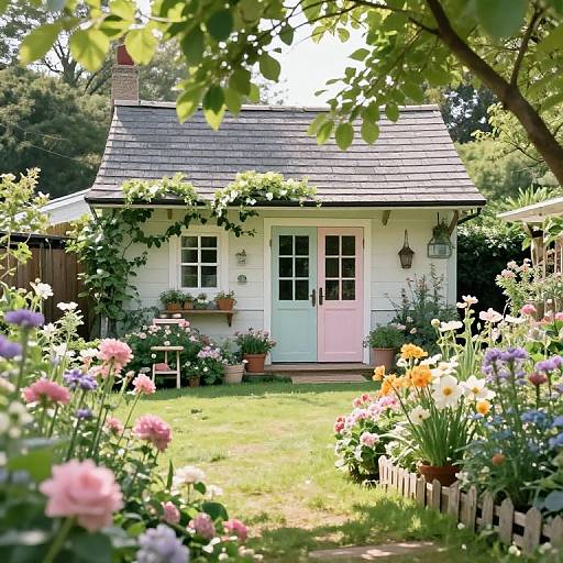 Photograph of a charming, pastel-colored cottage with pink door, surrounded by vibrant, blooming flower garden and greenery, under sunny sky.