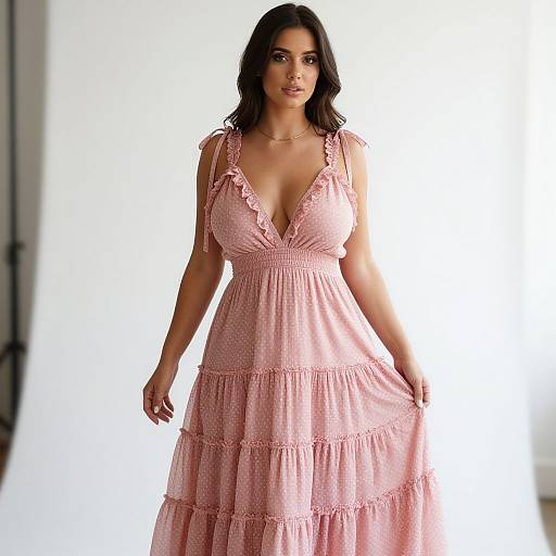 Romantic Bohemian Woman in Pink Maxi Dress
