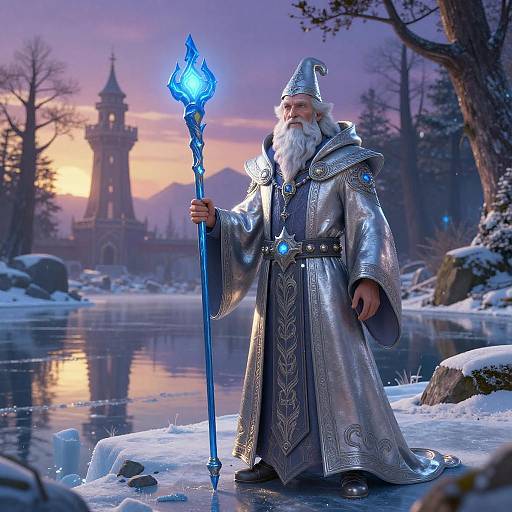 Elderly Wizard in Enchanted Twilight Scene