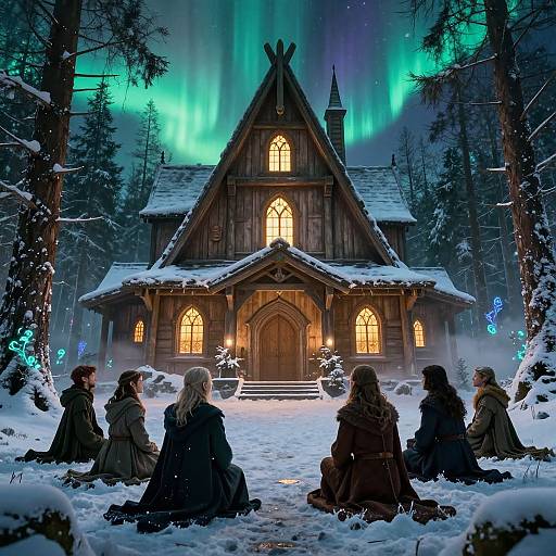 Digital painting of six cloaked figures sitting in snow, gazing at a glowing wooden cottage under a vibrant aurora borealis.