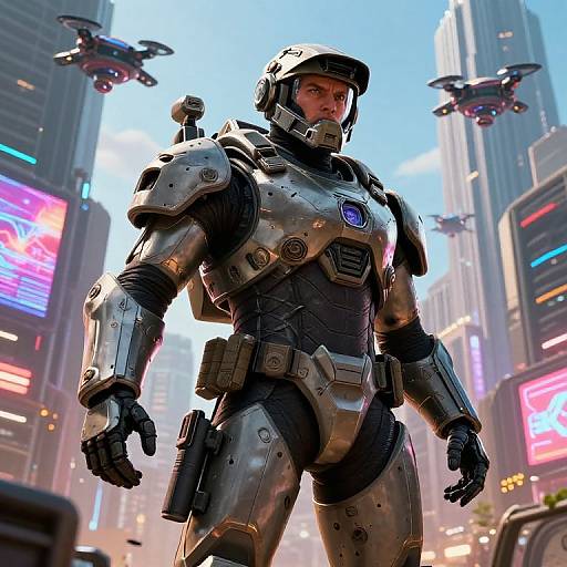 CGI image of a futuristic soldier in metallic armor with a blue emblem, standing in a neon-lit, cyberpunk city street with flying drones above