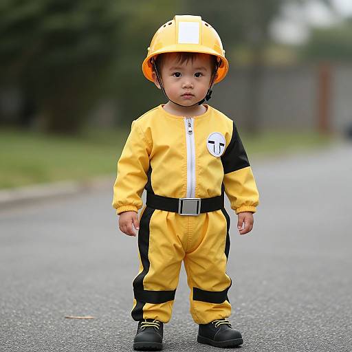 Photograph of a young Asian child in a yellow construction outfit with black stripes, orange helmet, and black boots, standing on a gray asphalt road.