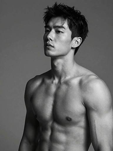 Black-and-white photograph of a shirtless, muscular Asian man with spiky hair, defined abs, and serious expression, against a gray background.