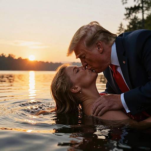 Photograph of Donald Trump and Melania Trump kissing in a sunset-lit lake, Trump in a suit, Melania topless, water rippling around them