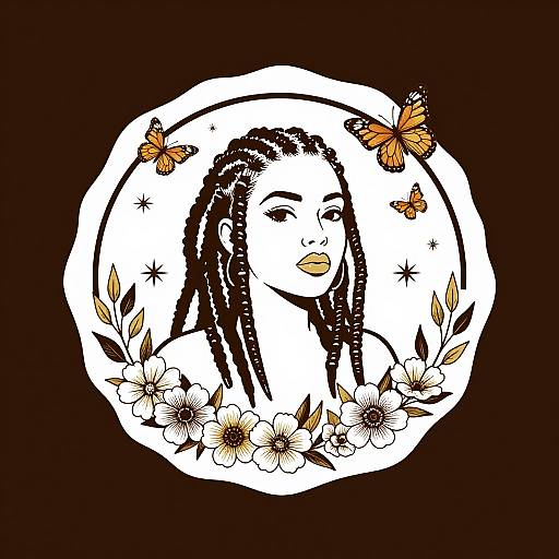 Digital illustration of a black-and-white face with long braids, surrounded by orange butterflies, white flowers, and leaves, all within a circular frame.