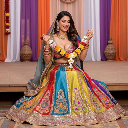 Photograph of a smiling Indian woman in a colorful, ornate traditional lehenga, holding marigold garlands, adorned with gold jewelry, seated