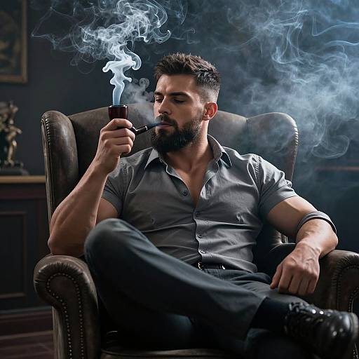 Photograph of a muscular, bearded man with short dark hair, wearing a gray shirt, smoking a cigar, with blue smoke swirling, seated in