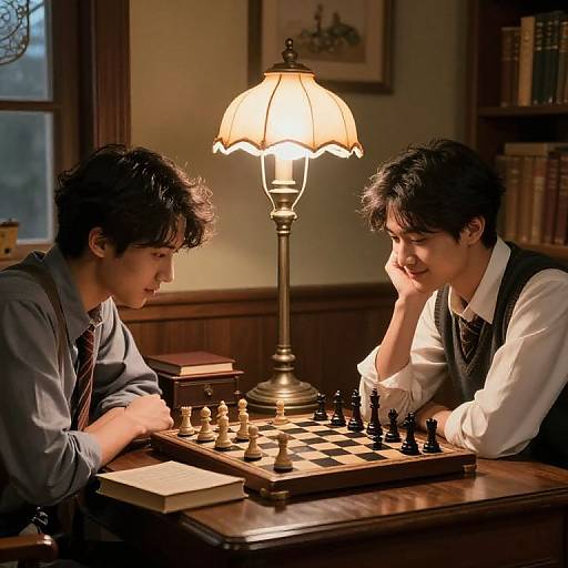 Photograph of two Asian men with dark hair, dressed in formal attire, playing chess under a warm-lit lamp in a wooden-paneled study.