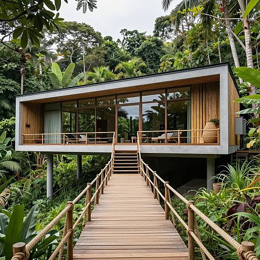 Photograph of a modern, wooden, elevated jungle house with large glass windows, accessed by a narrow wooden bridge surrounded by lush greenery.