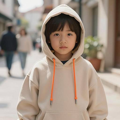 Young Child in Beige Hoodie Outdoors