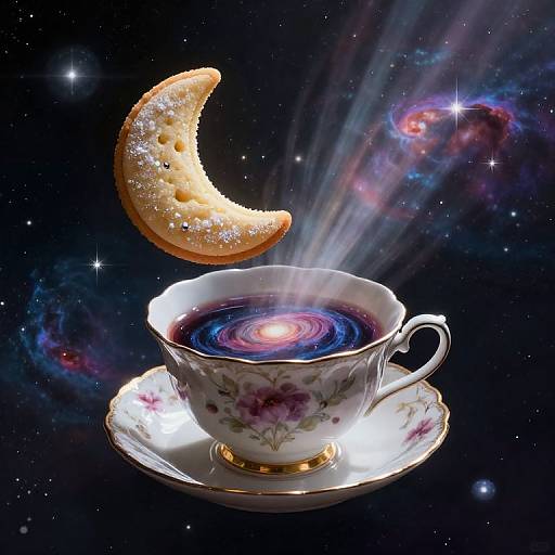 Photograph-like digital art of a floral teacup with glowing blue-black tea, a sparkling crescent moon cookie, and cosmic nebula background.