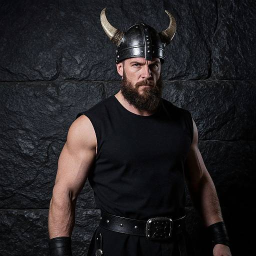 Photograph of a muscular bearded man with a black helmet featuring horns, black sleeveless shirt, and leather wristbands, standing against a textured dark