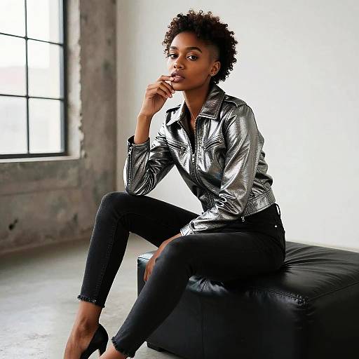 Photograph of a young Black woman with short curly hair, wearing a shiny silver blouse and black jeans, sitting thoughtfully on a black leather bench in