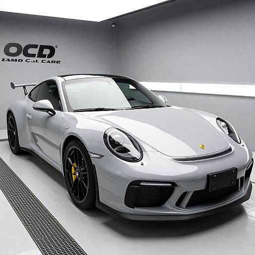 Photograph of a sleek, white Porsche 918 Spyder supercar with black wheels and yellow brake calipers in a modern, white-walled showroom