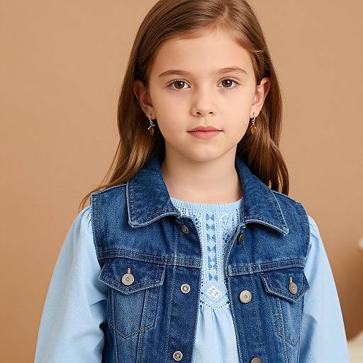 Photograph of a young girl with light brown hair, wearing a blue denim vest over a light blue lace top, against a beige background. She has