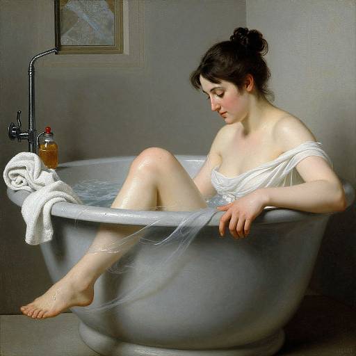 Digital painting of a fair-skinned, dark-haired woman with modest breasts, sitting in a white bathtub, wrapped in translucent fabric, with a towel and