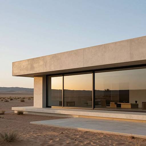 Photograph of a modern, minimalist desert house with large glass windows reflecting sunset, concrete exterior, and flat roof, set on sandy terrain.