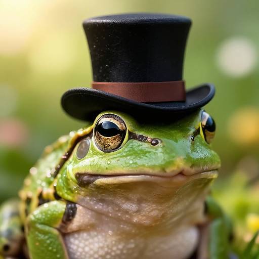 Photograph of a green frog with large, shiny black eyes, wearing a black top hat with a brown band, in a blurred, sunlit green