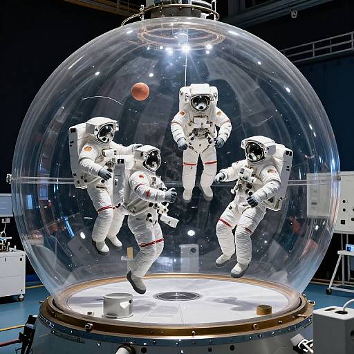 Photograph of four astronauts in white space suits inside a transparent spherical habitat, floating with an orange ball, in a brightly lit laboratory setting.