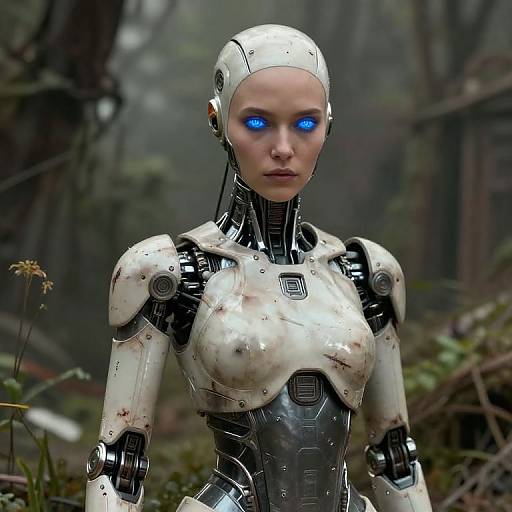 Photorealistic CGI of a damaged, white-female robot with blue glowing eyes, standing in a misty forest, featuring blood stains on her glossy